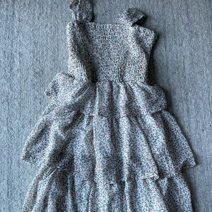 Chiffon white pink floral tiered dress